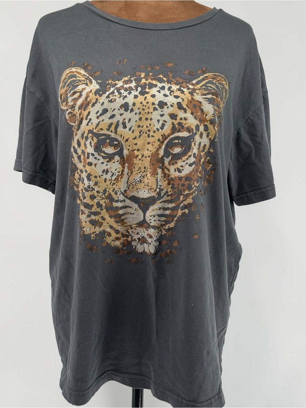 7 For All Mankind Charcoal Tee with Leopard Face Graphic